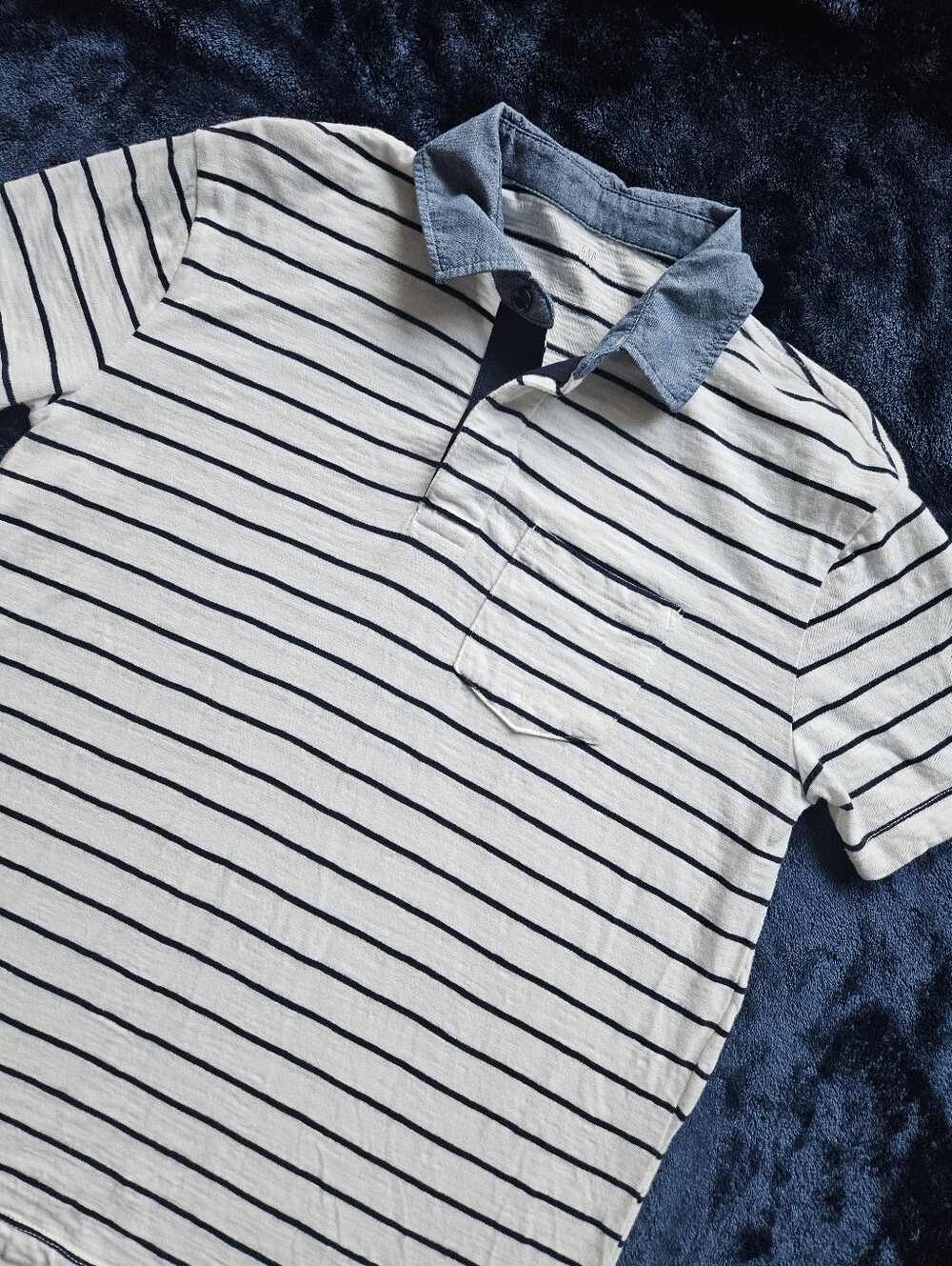GAP White Polo with Navy Stripes and Chambray Collar